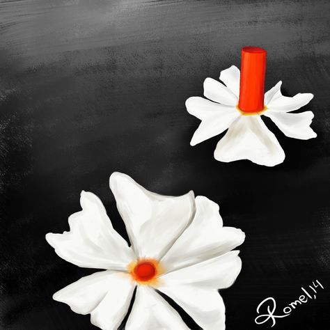 Night flowering Jasmine. In Bengali which is called as "Shiuly" Painted with paint tool SAI and Photoshop Shiuli Flower Drawing, Night Flowering Jasmine, Fabric Colour Painting, Saree Painting Designs, Saree Painting, Fabric Painting Techniques, Simple Rangoli Designs Images, 9 September, Art Painting Tools