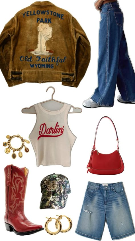 Fall 2024 outfit inspo. Concert style for fall, back to school outfit inspo weekend outfit fall fashion homecoming outfit red cowboy boots outfit bomber jacket rodeo trucker hat Cool Rodeo Outfits, Cowboy Inspo Outfit, Red Trucker Hat Outfit, Leon Bridges Concert Outfit, Fall Outfit Cowboy Boots, Motto Boots Outfits, Red Cowboy Boots Outfit Fall, Fall Cowgirl Boot Outfit, Cowboy Jacket Outfit