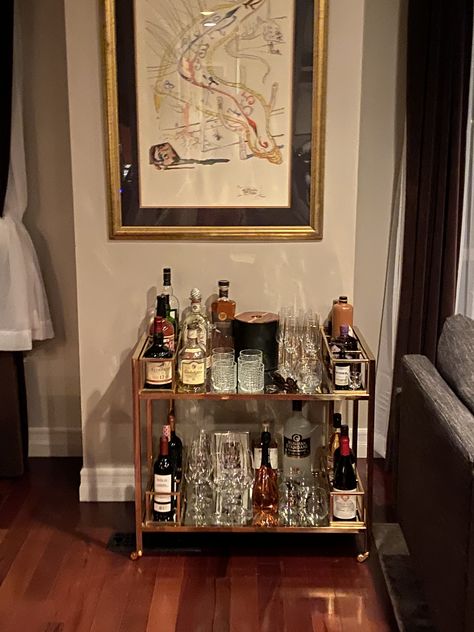 Tabletop Bar Setup, Bar Cart Mirror, Bar Cart Aesthetic Modern, Luxury Bar Cart, Bar Cart For Men, Bar Cart Men, Aesthetic Home Bar, Men’s Bar Cart, Mens Bar Cart