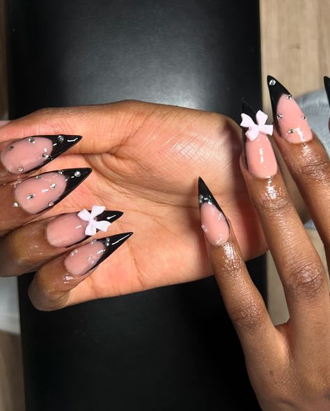 🖤🩷Black French Tip Stilettos 🖤🩷 - Rhinestones and pearls - £15 - Medium #nails #nailsnailsnails #nailsofinstagram #nailsart #acrylic #infills #frenchtipnails #black Pointy French Tip Nails, Stiletto Nails French Tip, Acrylic Infills, Black French Tip, Black French Tips, Black Tips, Medium Nails, White French Tip, Tip Nails