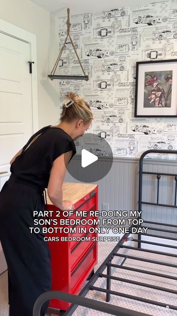 Kayzie Weedman - Working Mom | Lifestyle | Family on Instagram: "I promise you you’re going to want to wait till the end to hear the voice 🥹 it’s the literal cutest thing in the world. Also, my son’s surprise @pixarcars bedroom was a huge hit! We got 99% of the room done in eight hours and we were just missing a few things that didn’t ship in time. Part two is all about decorating and putting up all of the lightning McQueen and cars decor! Make sure you come back for part three to see the final Pixar Car’s room reveal! ❤️🏁🏎️ #toddlerbedroom #pixarcars #lightningmcqueen #kidsbedroom #kidsroomdecor #kidsroomdesign #bedroomsurprise #birthdaysurprise #toddlerboy #momlife #diyhomedecor #diyproject" Toddler Car Bedroom Ideas, Lighting Mcqueen Room, Cars Toddler Bedroom, Pixar Cars Nursery, Lighting Mcqueen Bedroom, Disney Cars Room Theme Little Boys, Radiator Springs Bedroom, Hot Wheels Bedroom Ideas Kids Rooms, Boy Car Room Ideas