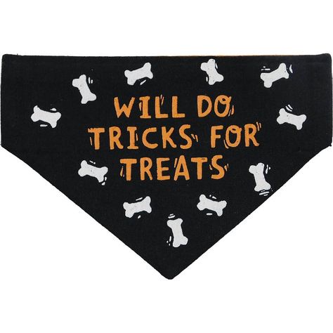 This Primitives by Kathy reversible cotton linen blend collar bandana features a "Will Do Tricks For Treats" sentiment and dog bone designs on one side, and "Happy Howl-oween" sentiment with festive striped design on the other. Bandana easily slides around standard collars to easily change designs. Machine-washable. Availale for small to large dogs. Product Description: Material: Cotton, Linen Artist: Cathy Heck Studios Machine-washable Sizing: Small: 7.50" x 5" Large: 11.50" x 8.50" Dog Boutique Ideas, Dog Bandana Diy, Bandanas Diy, Halloween Dog Bandana, Diy Dog Collar, Dog Salon, Dog Projects, Primitives By Kathy, Dog Valentines