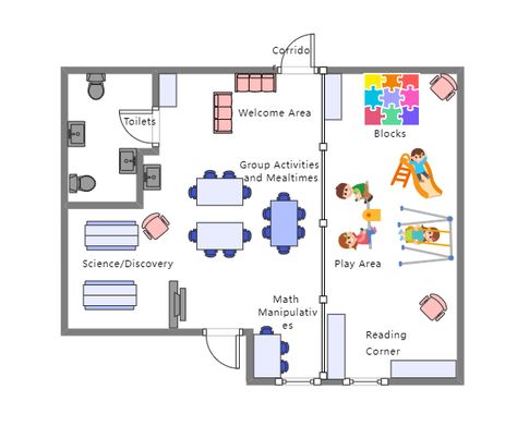 Infant Classroom Layout Childcare Floor Plans, Nurture Classroom Layout, Preschool Layout Ideas, Daycare Floor Plans Layout Day Care, Daycare Center Layout Floor Plans, Nursery School Floor Plan, Mixed Age Classroom Setup, Preschool Classroom Layout Floor Plans, Kindergarten Layout Plan