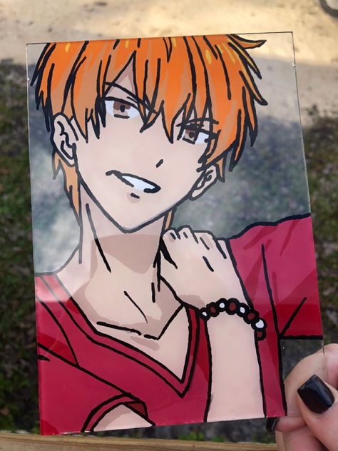 Phone Cover Art, Anime Glass Painting, Painting With Acrylic Paint, Anime Fruits Basket, Kyo Sohma, Painting Anime, Fruits Basket Anime, Basket Anime, Painting Glass