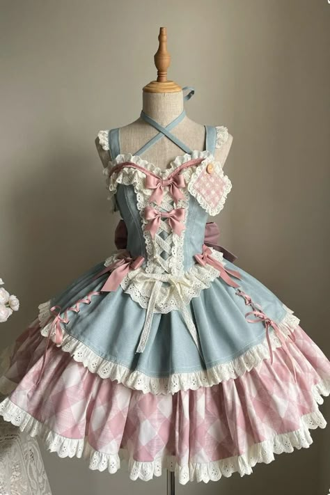 Blue/Pink [Sweetheart Cowboy] Plaid Print Ruffle Bowknot Sweet Lolita – LolitaInside Cute Cowboy Outfits, Cute Plaid Outfits, Cute Core Outfit, Sweetheart Outfit, Pink And Blue Outfit, Small Ribbon Bow, Doll Fashion Outfits, Cute Kawaii Outfits, Japanese Lolita Fashion