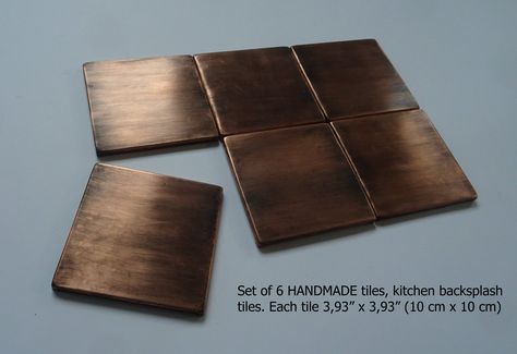 SET OF 6 WALL HANDMADE TILES  Each tile is 3.93″ x 3.93″ (10cm x 10cm) This set of 6 square handmade wall tiles can be used as an addition to one of my art deco backsplash tiles, moreover, it can be a perfect solution for enthusiasts of minimalistic home decor. I have achieved the rustic effect by covering the copper with patina. Art Deco Backsplash, Copper Splashback, Kitchen Decor Sets, Stainless Steel Backsplash, Stainless Steel Tile, Copper Backsplash, Copper Tiles, Backsplash Tiles, Painting Plastic