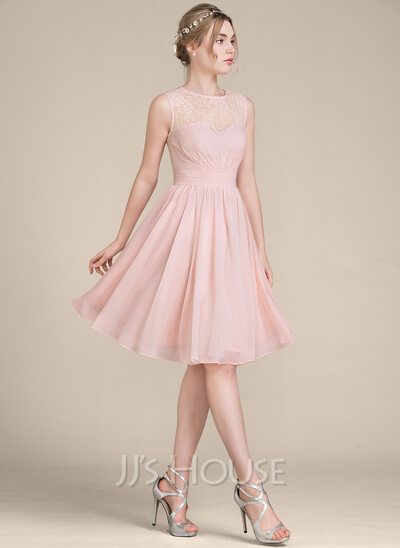 [£113.00] A-Line/Princess Scoop Neck Knee-Length Chiffon Lace Bridesmaid Dress With Ruffle Lace Chiffon Bridesmaid Dress, Princess Bridesmaid Dress, Lace Bridesmaid Dress, Organza Lace, Sleeveless Bridesmaid Dresses, Ruffle Wedding Dress, Tulle Bridesmaid Dress, Lace Bridesmaids, Ruffle Fabric