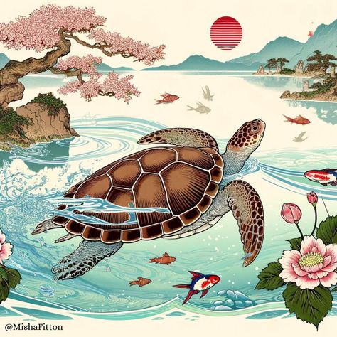 Swimming Through Japanese Waters. #turtle #dalle3 Turtle In Water, Japanese Turtle, Turtle Island, Turtle Swimming, Japanese Water, Chinese Painting, Art References, May 23, Turtles