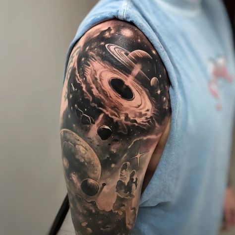 Space Shoulder Tattoo Men, Astroid Tattoos, Space Upper Arm Tattoo, Tattoo Sleeve Ideas For Men Unique, Shoulder Space Tattoo, Galaxy Chest Tattoo, Space Shoulder Tattoo, Space Arm Tattoo, Tattoo Earth