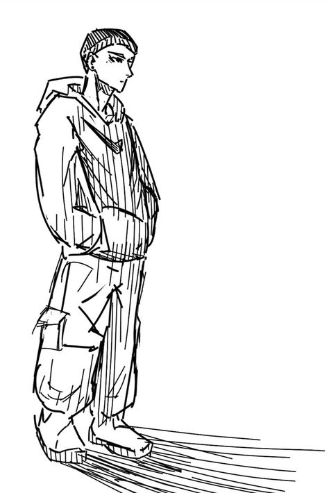 Guy With Hands In Pockets Drawing, Guy In Hoodie Sketch, Drawing Reference Poses Male Hoodie, Baggy Sketch, Baggy Clothes Outfit Drawing Reference, Draw Baggy Clothes, Baggy Clothes Illustration, Hand In Hoodie Pocket Reference, Outfit Sketches Male