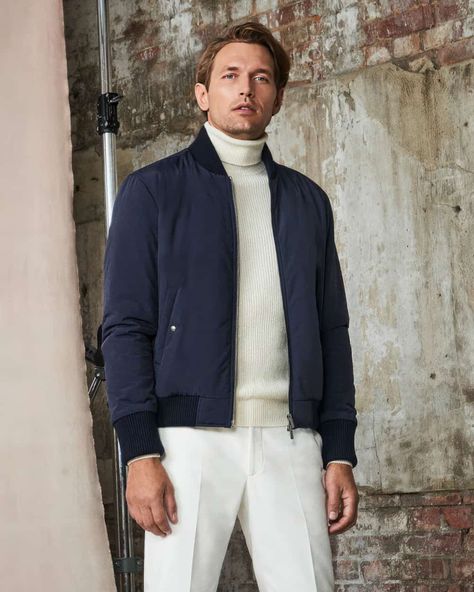 Navy Jacket Outfit Men, Navy Jacket Outfit, Smart Casual Coat, White Pants Men, Spring Outerwear, Turtle Neck Men, Mens Fashion Wear, Trendy Outfits Winter, Future Wardrobe