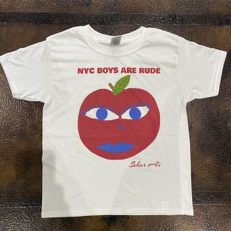 NYC BOYS ARE RUDE big Apple drawing by me Y2k 2000s... - Depop Nyc Boys, Apple Drawing, I Heart Ny, Silly Shirt, 2000s Style, Closet Accessories, Rock Tees, Quote Tees, Fruit Pattern