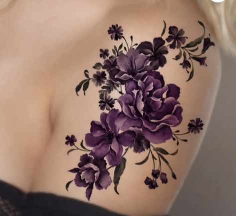 Purple Flower Shoulder Tattoo, Black Purple Tattoo, Large Black Cover Up Tattoos For Women, Dark Purple Flower Tattoo, Dark Purple Tattoo, Hip Cover Up Tattoos Women, Vines And Flowers Tattoo, Purple Flower Tattoo, Tattoos Celtic