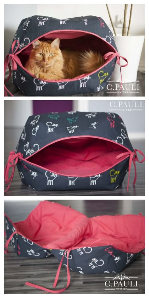 DIY Fabric Cat Cave Free Sewing Pattern | Fabric Art DIY Fabric Cat Beds, Covered Cat Bed, Cat Cave Sewing Pattern, Cat Bed Sewing Pattern Free, How To Sew A Cat Bed, Sew A Cat Bed, Free Sewing Patterns For Home Decor, Cat Bed Patterns Free, Fleece Cat Bed Diy