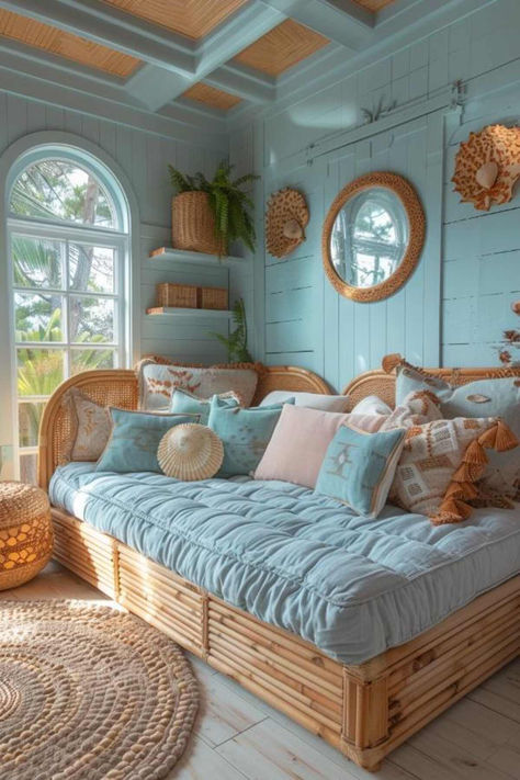 44 Unique Bonus Room Designs for Amazing Homes Beach House Library Room, Bedroom Ideas Lake House, Room Decor Bedroom Colorful, Bedroom Inspirations Turquoise, Maximalist Beach Decor, Bright Cozy Bedroom Ideas, House Interior Theme Ideas, Colorful Beach Bedroom, Boho Reading Room Ideas