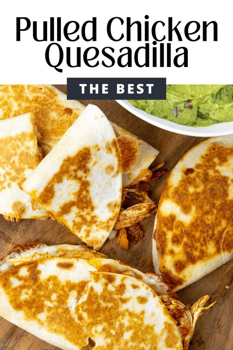 These homemade shredded chicken quesadillas! They have sauteed onions and bell peppers, shredded chicken, Oaxaca Mexican cheese and a special chicken quesadilla spice blend. The shredded chicken is so easy to make, you can make it their in a slow cooker or on the stove top in 30 minutes! Pulled Chicken Quesadilla, Best Pulled Chicken, Chicken Quesadilla Seasoning, Homemade Shredded Chicken, Sauteed Onions, Make Shredded Chicken, Chicken Quesadilla Recipe, Creamy Avocado Sauce, Oaxaca Cheese