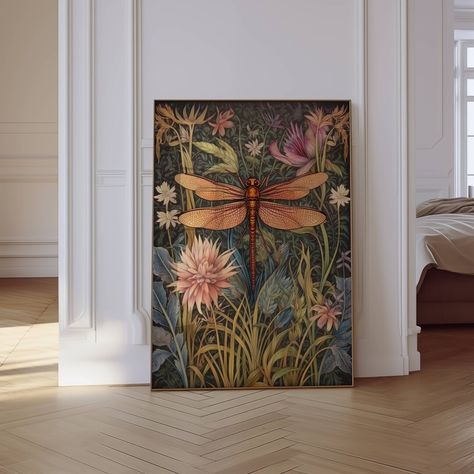 Powder Room Pictures Wall Art, Dark And Moody Wall Art, Bug Home Decor, Botanical Bathroom Decor, Dark Cottagecore Room, Dragonfly Decorations, Dark Moody Decor, Dark Cottagecore Art, Cottagecore Painting