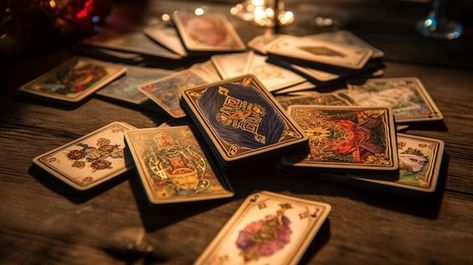 Premium Photo | A collection of tarot cards on a table with a candle in the background. Tarot Cards Background, Tarot Background, Candle Background, Cards On The Table, Inanimate Objects, Thumbnail Design, Tarot Card Decks, Tarot Readers, Table Cards