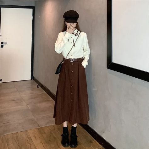 Long Skirt And Button Up Shirt, Long Skirt Button Up Shirt, Skirt With Button Up Shirt, Button Up And Skirt Outfit, Long Brown Skirt Outfit Ideas, Button Up With Skirt, Button Down Skirt Outfits, Skirt And Button Down Shirt, Button Skirt Outfit