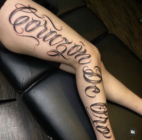 Me Vs Me Tattoo, Typographic Tattoo, Cute Thigh Tattoos, Tattoo Lettering Styles, Leg Tattoos Women, Tattoo Lettering Fonts, Dope Tattoos For Women, Subtle Tattoos, Lettering Styles