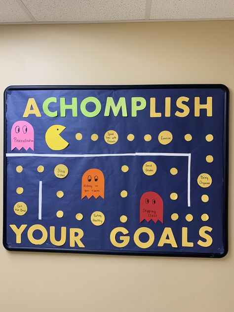 Pacman Bulletin Board Ideas, Pac Man Bulletin Board, Game Theme Bulletin Board Ideas, Pac Man Classroom Theme, Video Game Theme Classroom Bulletin Boards, Ra Movie Theme Bulletin Boards, Easy Bulletin Boards, Book Tasting, Colorful Classroom