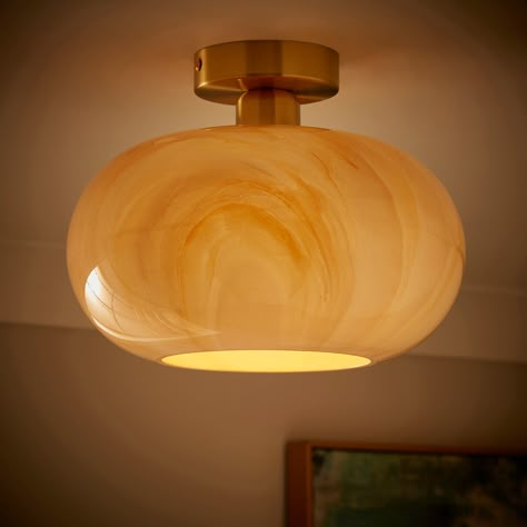 * Creates Atmospheric Glow * Adds Glamour to Room Introducing the Lacey Alabaster Semi Flush Ceiling Light – a stunning combination of design and functionality. The gorgeous atmospheric glow and reflective gold finish complete the stunning design, offering a touch of glamour to enhance the beauty of your room. Kitchen Flush Mount Lighting Ideas, Ceiling Light Inspiration, Flush Mount Ceiling Lights Bedrooms, Bathroom Light Fixtures Ceiling, Ceiling Lights Uk, Hallway Ceiling Lights, Celing Light, Art Deco Ceiling Light, Modern Flush Mount Lighting