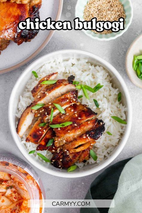 This chicken bulgogi (also known as dak-bulgogi) is an easy recipe you can whip up on a busy weeknight. Marinaded in pantry staples and seared to perfection, this Korean BBQ chicken is a household favorite! Sweet, savory, and salty, this chicken bulgogi recipe is irresistible! Chicken Bulgogi Recipe, Chicken Bulgogi, Korean Bbq Chicken, Bulgogi Recipe, Bulgogi Beef, Boneless Skinless Chicken Thighs, Breast Recipe, Low Sodium Soy Sauce, Bulgogi