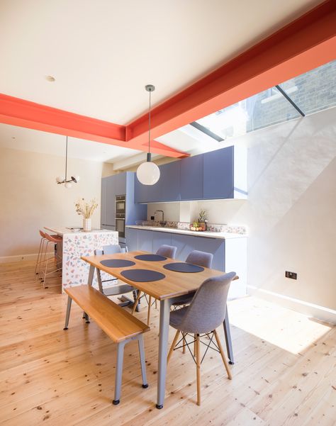 Coloured Steel Beams, Painted Exposed Beams, Painted Steel Beams, Rsj Beam Ideas Kitchen, Exposed Steel Beam Kitchen, Steel Beams Interior, Exposed Beams In Kitchen, Blue Kitchen Modern, Small Kitchen Living Room