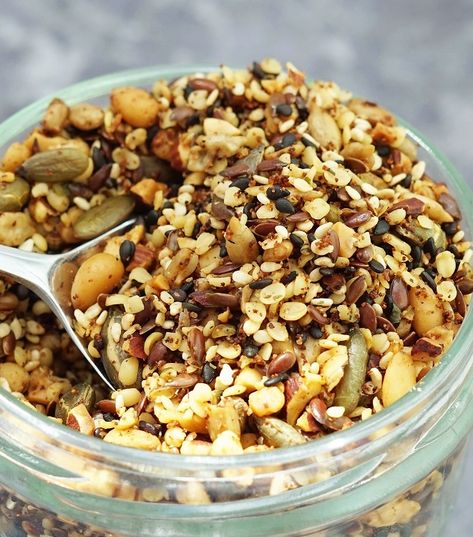 Savoury Granola, grain free | Recipes | Moorlands Eater Savoury Granola, Savory Granola, Pickled Tomatoes, Homemade Seasoning, Csa Recipes, Yogurt Breakfast, Grain Free Granola, Granola Cereal, Salad Toppings