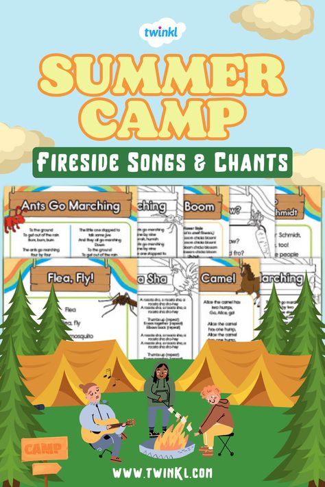 Summer Camp Fireside Songs and Chants Camp Chants For Kids, Camping Songs For Kids, Squirrel Scouts, Summer Break Activities, Excited For Summer, Campfire Songs, Camp Songs, Summer Reading Program, Camp Ideas