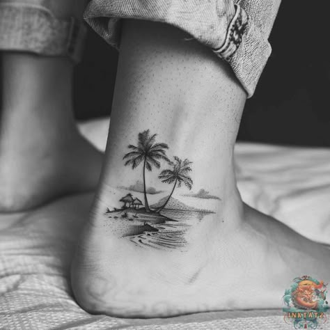 Riding the Waves of Ink: Exploring the Beauty of Beachy Tattoos: 114 Designs - inktat2.com Small Tattoos For Leg, Tattoos Beach Theme, Chosen Tattoos For Women, Key West Tattoo, Wave Tattoo Foot, Strand Tattoo, Beach Theme Tattoos, Tropical Tattoos, Ocean Theme Tattoos