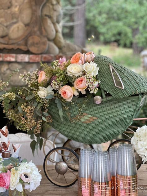 Celebrate: How to Make a Flower Filled Baby Carriage - French Country Cottage Rose Gold Flatware, French Vintage Decor, Fancy Table, Outdoor Baby Shower, Baby Buggy, Buy Candles, Shabby Style, Outdoor Table Settings, French Country Cottage