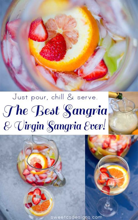 the best white sangria and virgin sangria ever. Just pour, chill and serve! This is a great hit at parties and you can make it a head for a sweeter, more developed fruit flavor Virgin Sangria, Best Sangria, White Sangria, Sangria Recipes, Fruit Flavored, Wedding Food, Refreshing Drinks, Sangria, Summer Drinks