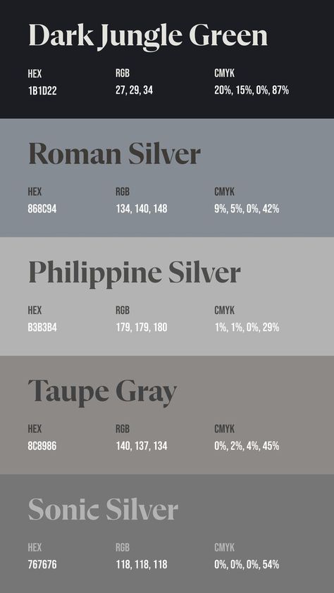 Colors: 1B1D22 ° 868C94 ° B3B3B4 ° 8C8986 ° 767676 Smokey Color Palette, Pallette Ideas Color, Dull Colors Palette, 2024 Color Palette, Gray Color Palette, Palettes Color, Flat Color Palette, Hex Color, Color Design Inspiration