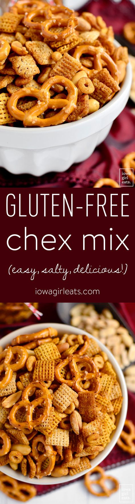 Gluten-Free Chex Mix is salty, crunchy, and totally addicting. Just like the original, only gluten-free - easily made dairy-free, too! | iowagirleats.com Gluten Free Chex Mix Recipes, Gluten Free Chex, Beaming Baker, Gluten Free Snacks Recipes, Gluten Free Appetizers, Chex Mix Recipes, Raspberry Sauce, Homemade Gluten Free, Chex Mix