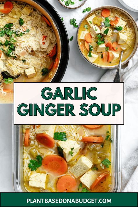 This Garlic Ginger Soup [With Noodles] is the perfect cozy and healing soup! It's simple to put together and is packed with plant protein and healthy ingredients. Enjoy this Garlic Ginger Soup [With Noodles] for dinner this week! Garlic Ginger Soup, Broth Bowls Recipes, Soup With Noodles, Broth Bowls, Healing Soup, Ramen Broth, Chinese Garlic, Ginger Beef, Bowls Recipes