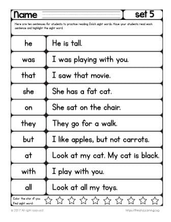 With this reading worksheet, your child read sight word sentences that correlate with sight words she just learned. If ten sentences on a page are overwhelming, just cut it and give one sentence at a time. Encourage her to move his finger below each word to help her eyes focus on the words. Primer Dolch Sight Words Kindergarten Printables, Kindergarten Sight Words List, Sentences Kindergarten, Sight Words Worksheets, Preschool Sight Words, Sight Word Sentences, Sight Words Printables, Learning Sight Words, Kindergarten Reading Worksheets