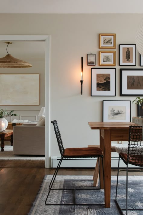 Create a Collected Gallery Wall Look | liannecarey.com Art Over Buffet Dining Room, Large Wall In Dining Room, Dining Gallery Wall, Walk Through Dining Room Layout, Blank Wall In Dining Room, Dining Room Wall Inspiration, Neutral Eclectic, Dining Room Gallery Wall, Kitchen Gallery Wall