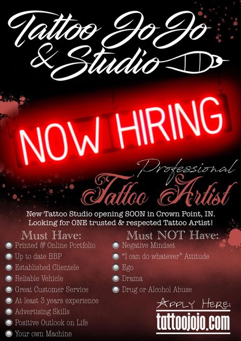 🛎️ TATTOO ARTIST in Crown Point 🛎️👀    Tattoo JoJo & Studio is looking for ONE lucky Professional Tattoo Artist to join our team. We are a new studio opening up in Crown Point, IN. This will be a studio that is based upon appointments, so having an established clientele is important. However, walk-ins will be welcome. Clientele is also important, because we are booth rent & want to make sure you don't struggle. But with booth rent, means more $$$ for you to pocket!Would love to add someone .. Opening A Tattoo Shop, Moon Tattoo Back, 59 Tattoo, Tattoo Back Of Neck, Orlando Tattoo, Traditional Japanese Tattoos, Positive Outlook On Life, Professional Tattoo, Team Members