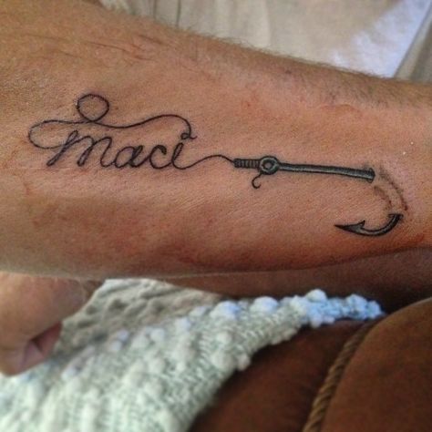 Fishing tattoo Wife's name Side of forearm Best Friend Fishing Tattoos, Fish Hook Tattoo With Name, Wifes Name Tattoo, Tattoo Idea For Lost Loved One, Daughters Name Tattoo, Fishing Tattoos, Fishing Hook Tattoo, Fishing Tattoo, Hook Tattoos