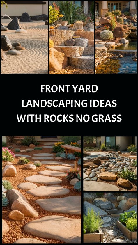 Discover a world of possibilities for transforming your front yard with these 10 innovative rock landscaping concepts. Get inspired to wave goodbye to traditional grass lawns and embrace a unique, stunning outdoor space that exudes natural charm and beauty. Pavers And Rock Landscaping, Road Verge Landscaping, Ranch Style Landscaping, Rocks And Mulch Landscaping, Zero Scape Landscaping Front Yards Utah, Landscaping With Boulders Front Yard, Curved Landscape Design, Dryscape Landscaping Front Yards, Front Yard No Grass Ideas