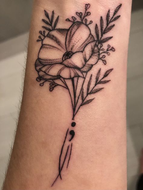 Semi-colon Tattoo Floral, Flower With Semicolon Tattoo, Floral Semi-colon Tattoo Ideas, Flower Semi Colon Tattoos, Semi Colon Tattoo Flower, Flower And Semicolon Tattoo, Flower Semi Colon, Special Tattoo, Blessed Tattoos