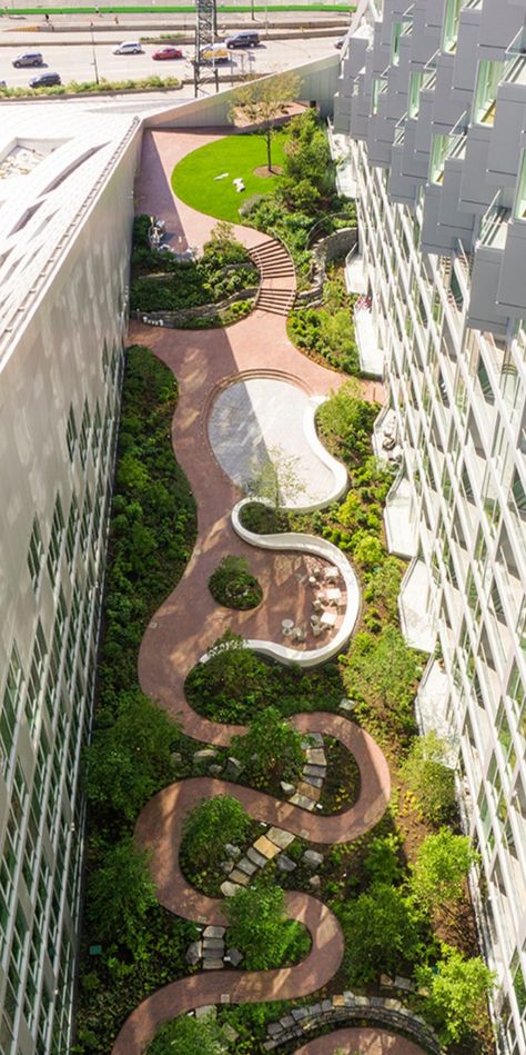 Green Plaza Design, Green Roof Ideas, Sculpture Garden Architecture, Green Roofs Architecture, Green Roof Architecture Rooftop Gardens, Green Urban Design, Jwe2 Park Ideas, Park Ideas Design, Parking Building Design