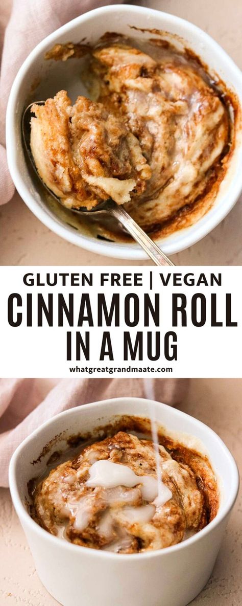 Delicious, fluffy, and sweet gluten free cinnamon roll in a mug! It's so easy and comes together in less than 5 minutes. If you want a quick dessert, you'll love this cinnamon roll mug cake recipe! Cinnamon Roll In A Mug, Mug Cake Vegan, Cinnamon Roll Mug Cake, Healthy Caramel, Gluten Free Mug Cake, Gluten Free Cinnamon, Mug Cake Healthy, Gluten Free Cinnamon Rolls, Mug Cake Recipe