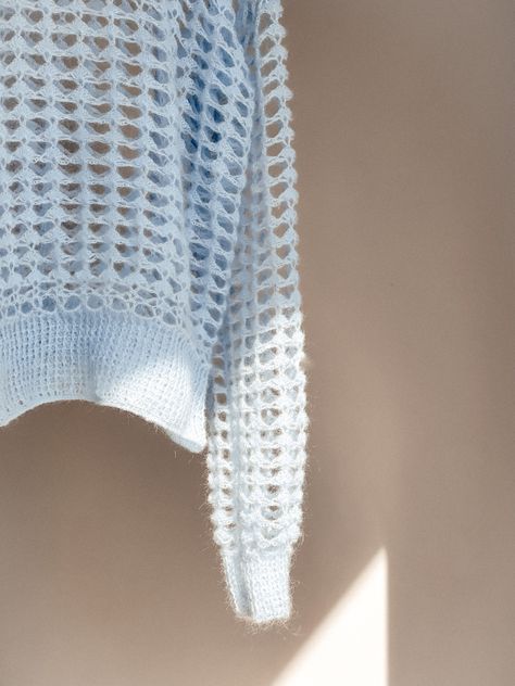 Pale blue sweater with long arm sleeves Handmade Crochet Bags, Sweater Crochet Pattern, Crochet Bags, Blue Sweater, Light Sweater, Blue Colour, South Of France, Crochet Sweater, Beautiful Lights