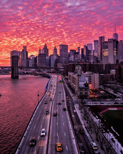 NYC Epic Sunset 🌸by @ericknyc_ City Skyline, On The Road, The Sky, The Road, The City, York City, New York, Road, Cars