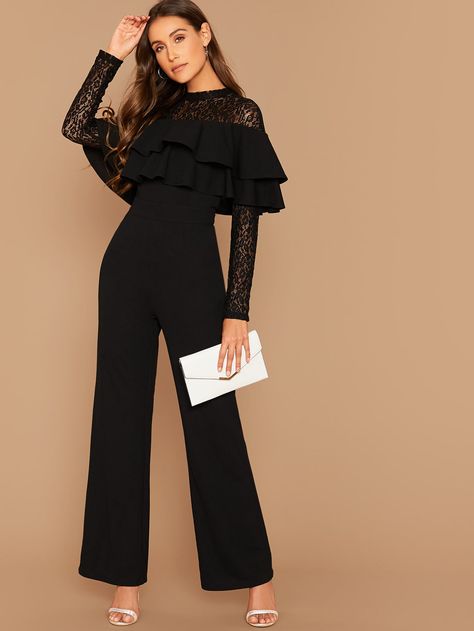 Lace Yoke Layered Flounce Wide Leg Jumpsuit Check out this Lace Yoke Layered Flounce Wide Leg Jumpsuit on Shein and explore more to meet your fashion needs! Jumpsuit Outfit Wedding, Classy Jumpsuit Outfits, Classy Jumpsuit, Jumpsuit Outfits, Black Plain, Modest Fashion Outfits, Satin Slip, Trendy Clothes For Women, Wide Leg Jumpsuit