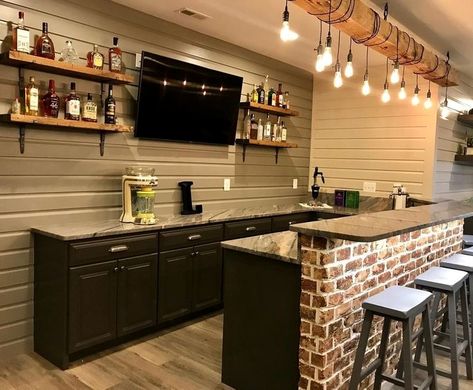 #basementrenovation #basementmancaveideas #basementideas #homedecor Basement Pub Bar Ideas, Man Cave Bathroom Ideas Half Baths, Basement Bar And Office, Trilevel Basement Ideas, Rustic Basement Remodel Ideas, Basement Bar U Shape, Galley Bar Basement, Understairs Ideas Basement, Basement Remodel Small Spaces