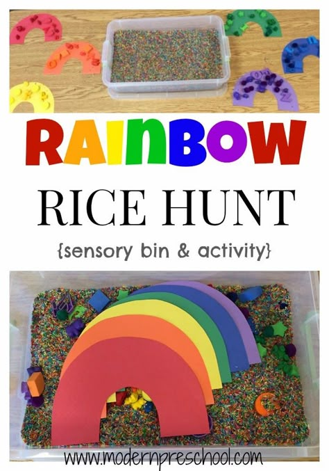 ACTIVITY: Rainbow Rice Hunt! Modern Preschool, Rainbow Preschool, Preschool Rainbow, Preschool Sensory, Preschool Weather, March Themes, Rainbow Activities, Rainbow Rice, Weather Theme