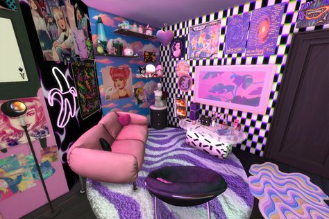 Sims 4 80s Build Cc, Sims 4 Trippy Cc, Sims 4 San Myshuno Apartment Cc, Sims 4 Y2k Cc Furniture, Sims 4 Cc List, Emo Rooms, Vaporwave Bedroom, Emo Room Decor, Emo Decor